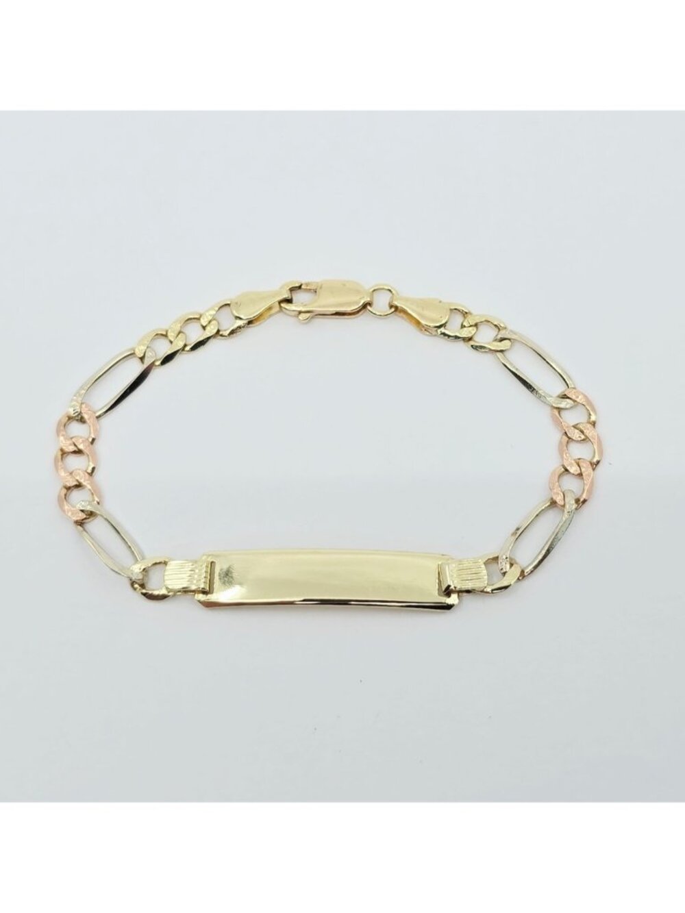 Beautiful 14K Tri Tone Multi Color Gold Designer Figaro Link ID Bracelet - 6" L